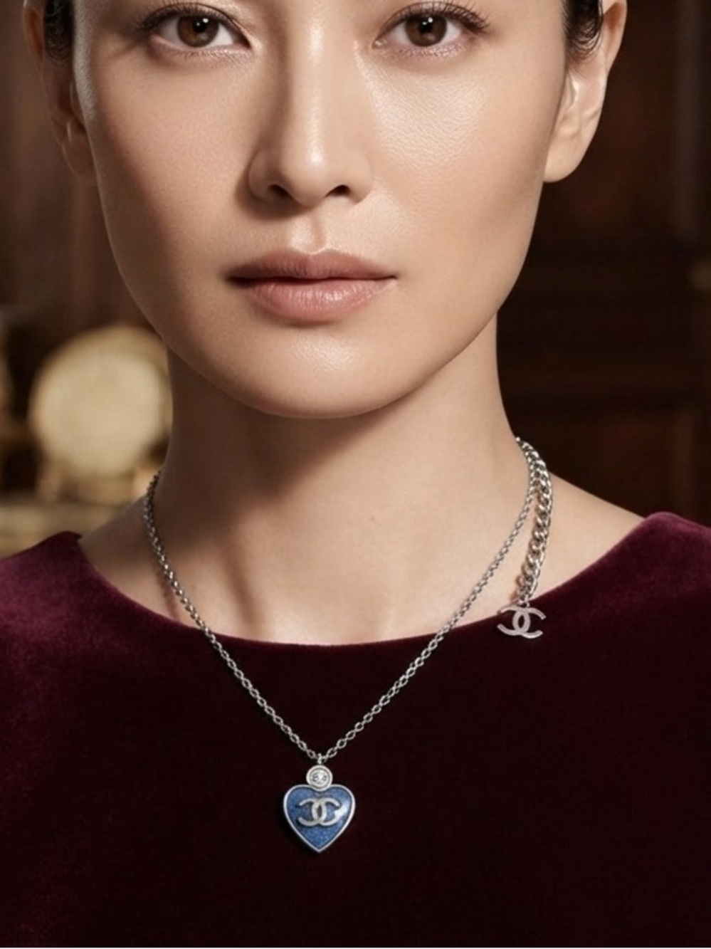 CHANEL Blue Heart Logo Necklace